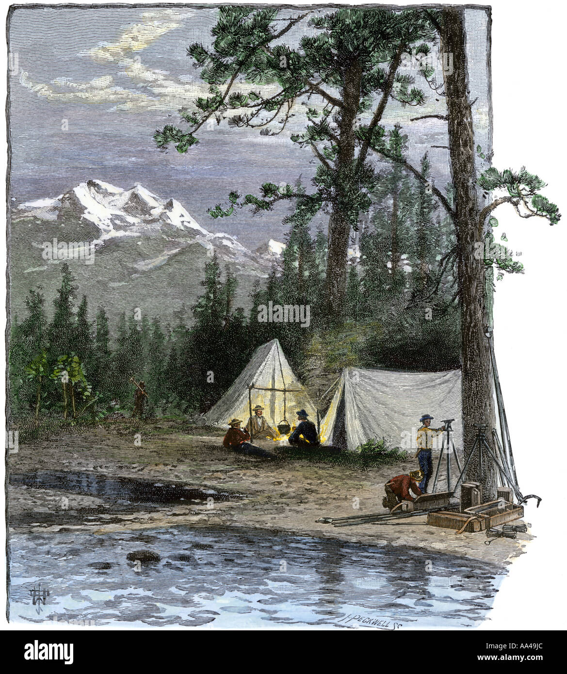 Gutachter für die Eisenbahn und ihre Expedition in Lager in den Rocky Mountains 1800. Hand - farbige Holzschnitt Stockfoto