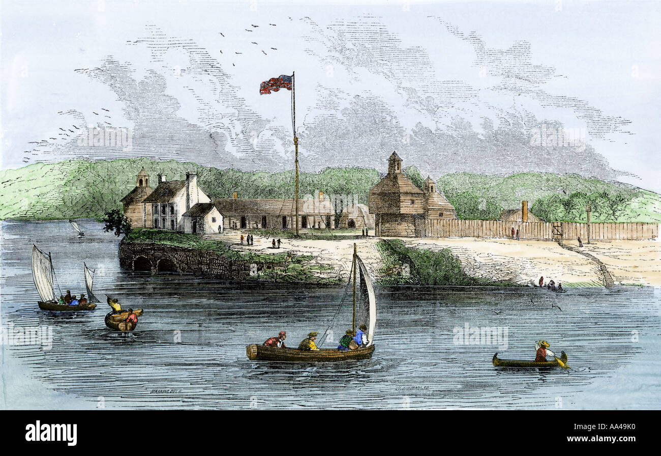 Fort Armstrong auf Rock Insel im Mississippi River gesehen in den 1850er Jahren. Hand - farbige Holzschnitt Stockfoto