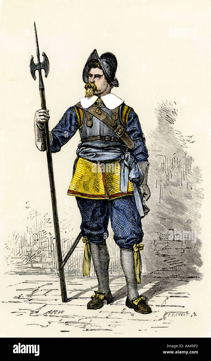 Schwedische Soldat in neuen Schweden Kolonie im 1600s, jetzt den Zustand von Delaware. Hand - farbige Holzschnitt Stockfoto