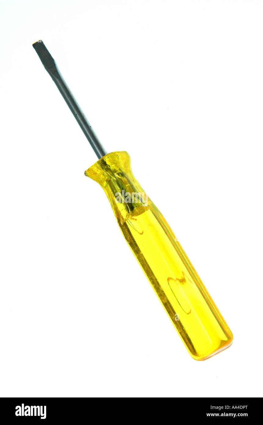 Ausschnitt des kleinen Schraubendreher mit gelbem Griff Stockfoto