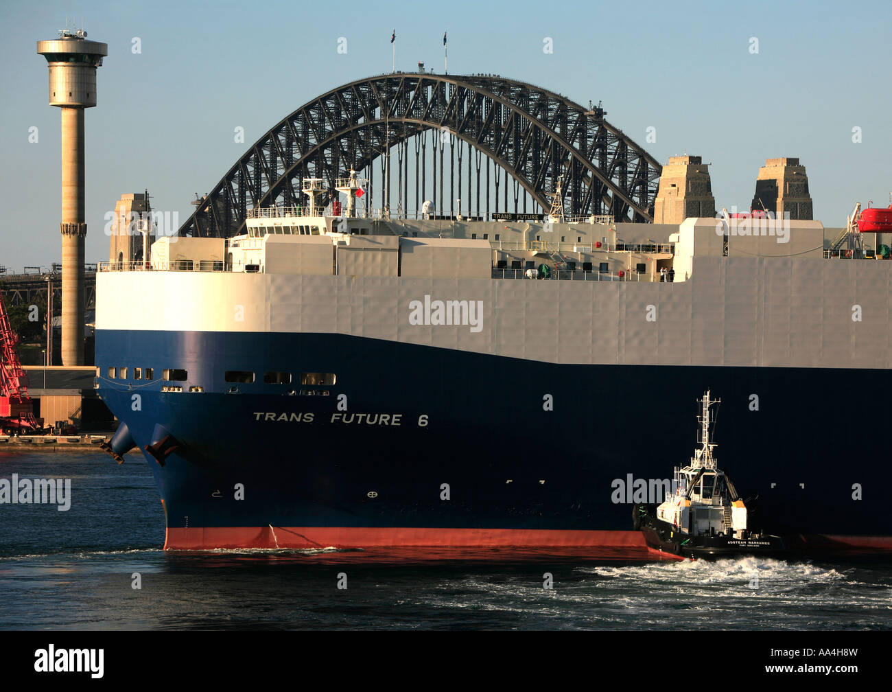 Die Schlepper Adsteam Warawee nutzt vollen Leistung Autotransporter Trans Zukunft 6 zu machen, wie sie zur Abfahrt im Hafen von Sydney bereitet Stockfoto