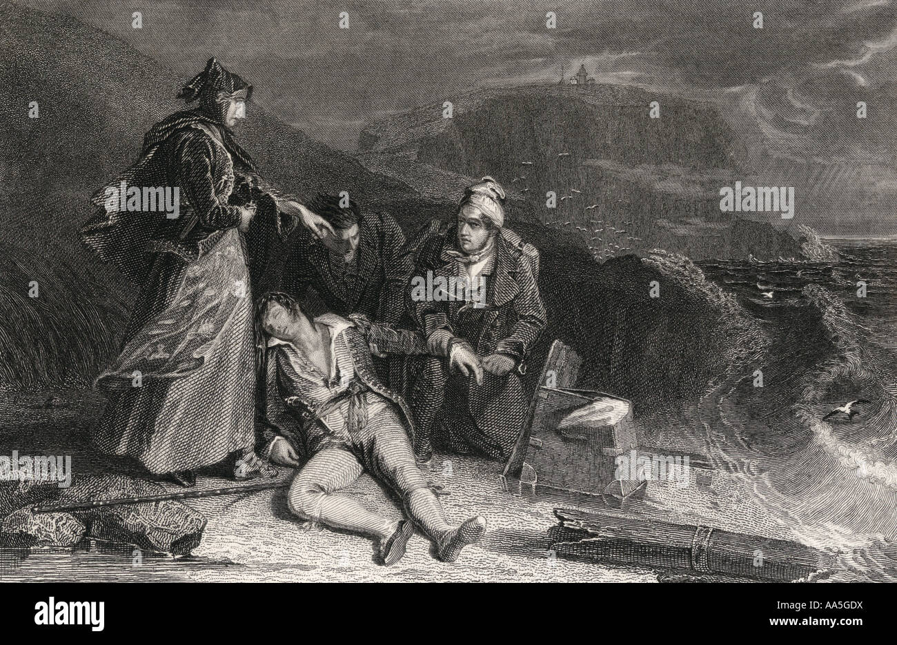 Clevelands Rettung aus Scotts Roman der Pirat. . Stahlstich von G Presbury nach einer Zeichnung von EINEM Chisolm. Stockfoto