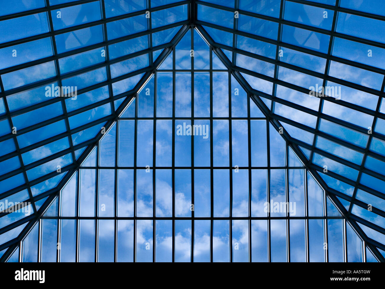 Aufwärts durch ein Glasdach in einem blauen Himmel. Stockfoto