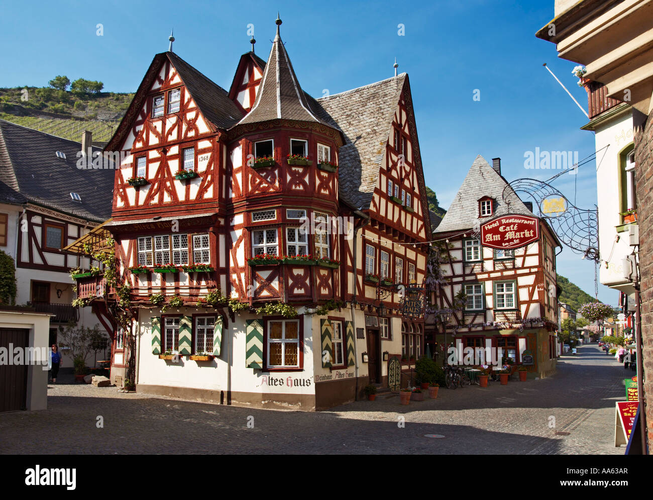 Bacharach, Deutschland - altes Haus, Rheinland, Rheintal, berühmtes altes rotes Fachwerkhaus Stockfoto