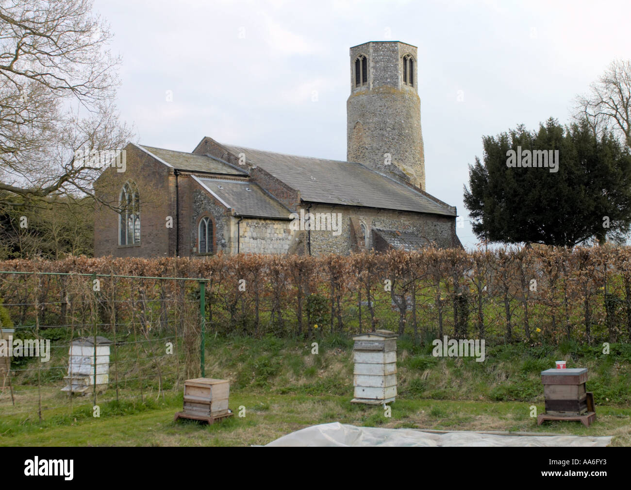 die Kirche in Surlingham in der Nähe von Norwich mit Bienenstöcke im Vordergrund Stockfoto