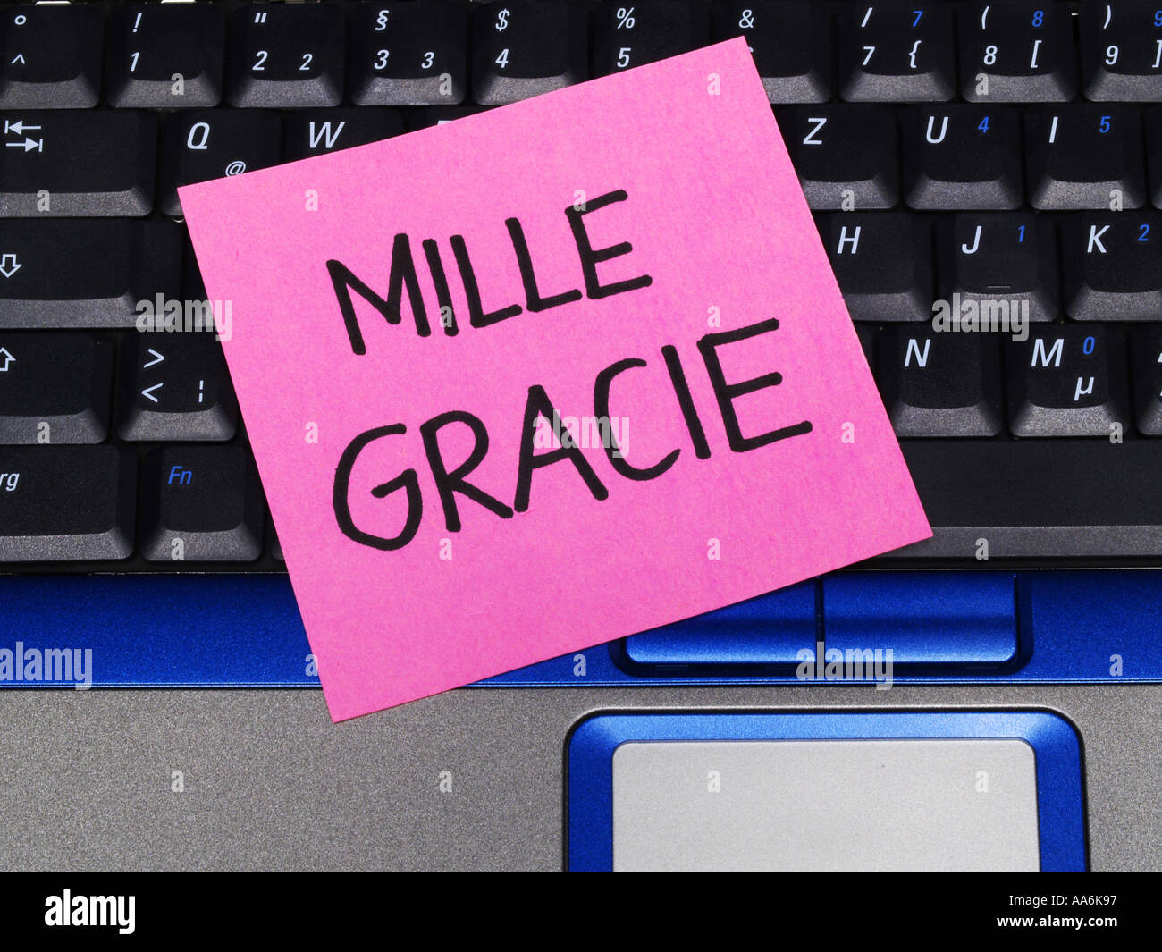 Memo-Hinweis auf Notebook, Mille Gracie a lot thanks Stockfoto