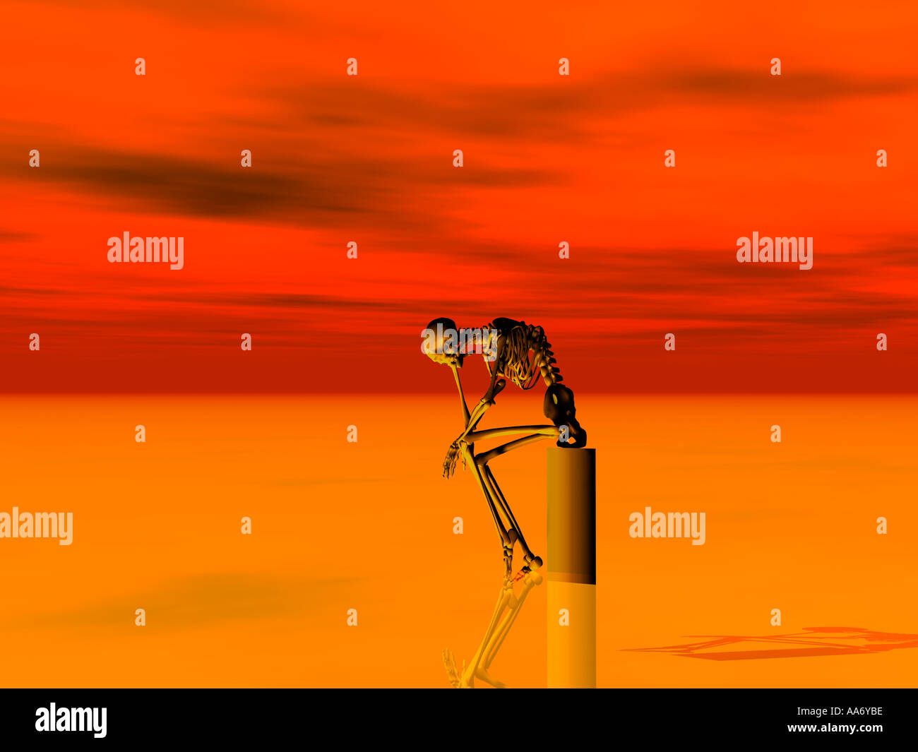 Grafische Darstellung eines Skeletts als Rodins "Denker" Statue Stockfoto