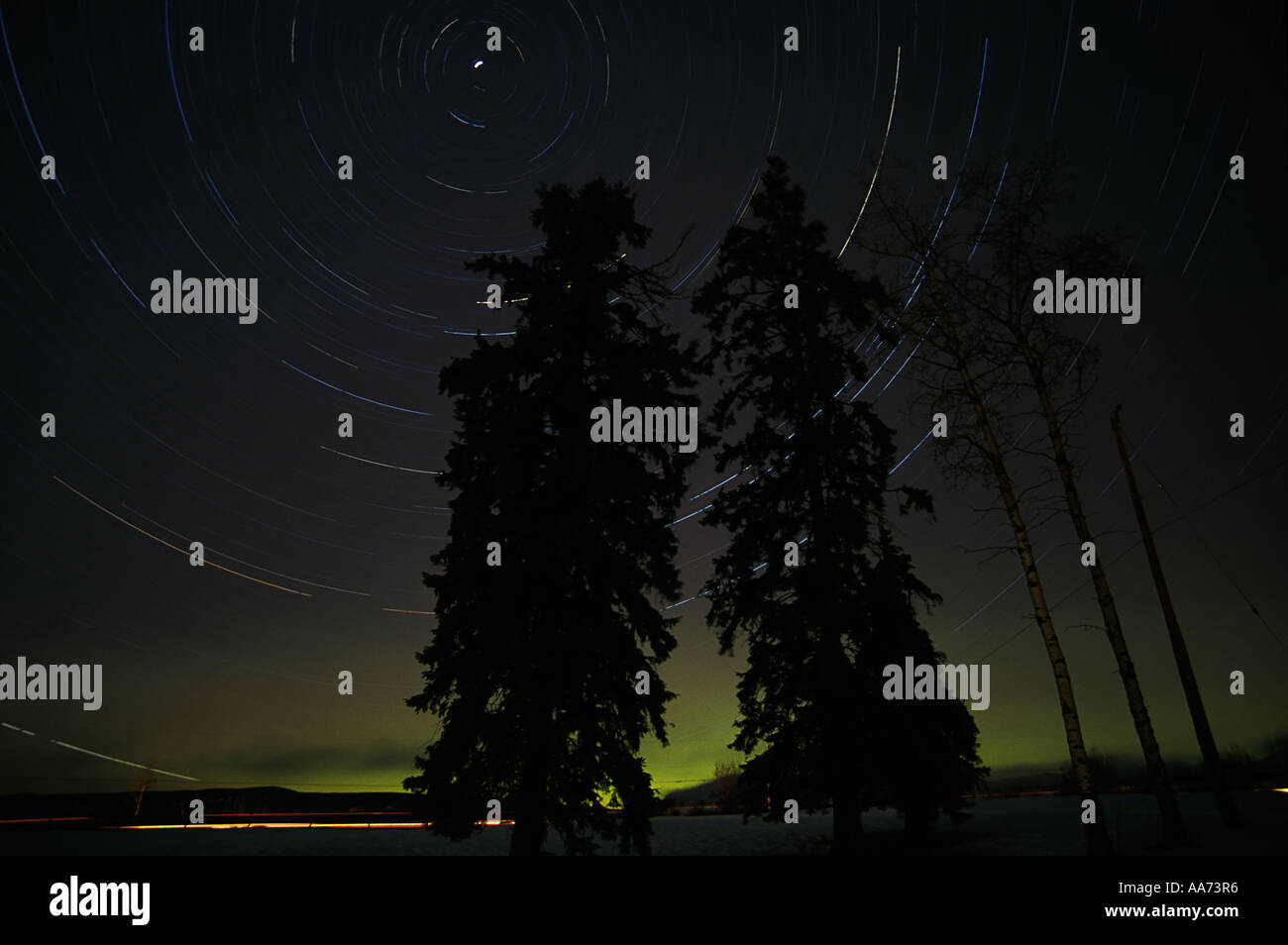 Sternspuren mit Nordlicht am Horizont Smithers BC Stockfoto