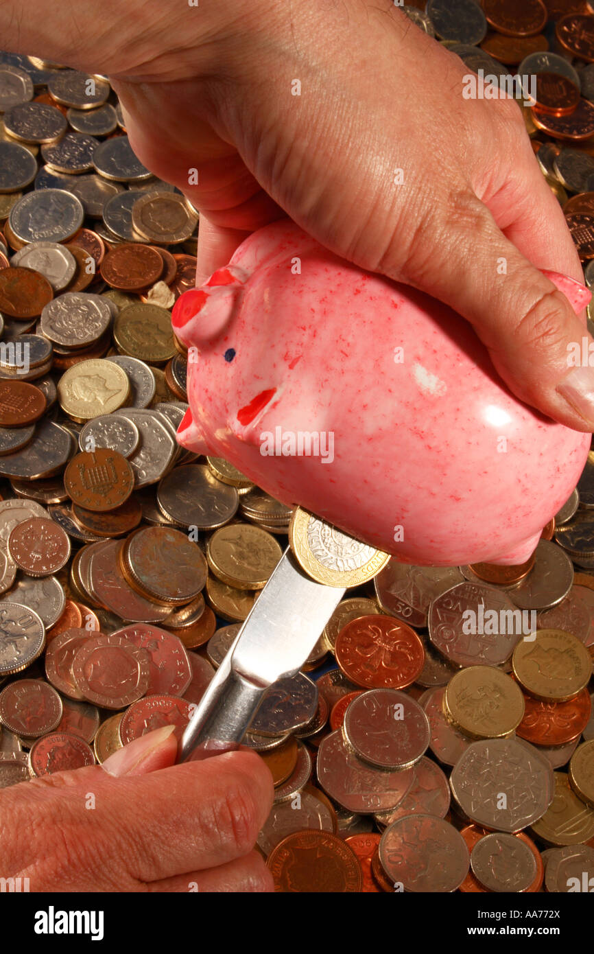 Einnahme von Einsparungen aus Sparschwein. Stockfoto