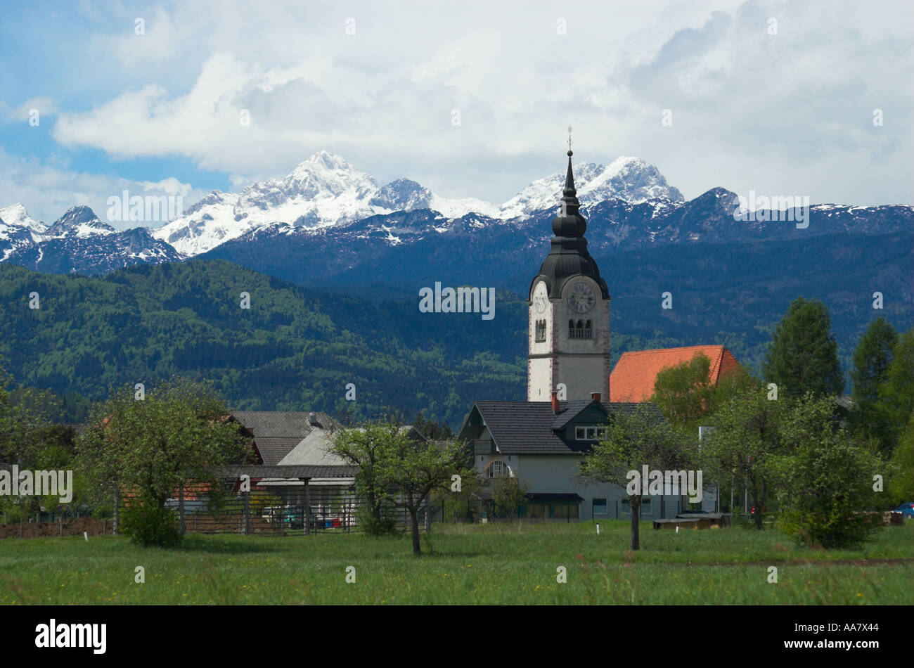 Ansicht von Bereich Dorf Lesce mit Kirche und Häuser grünen Berg Triglav in Bkgd Bled Slowenien Stockfoto