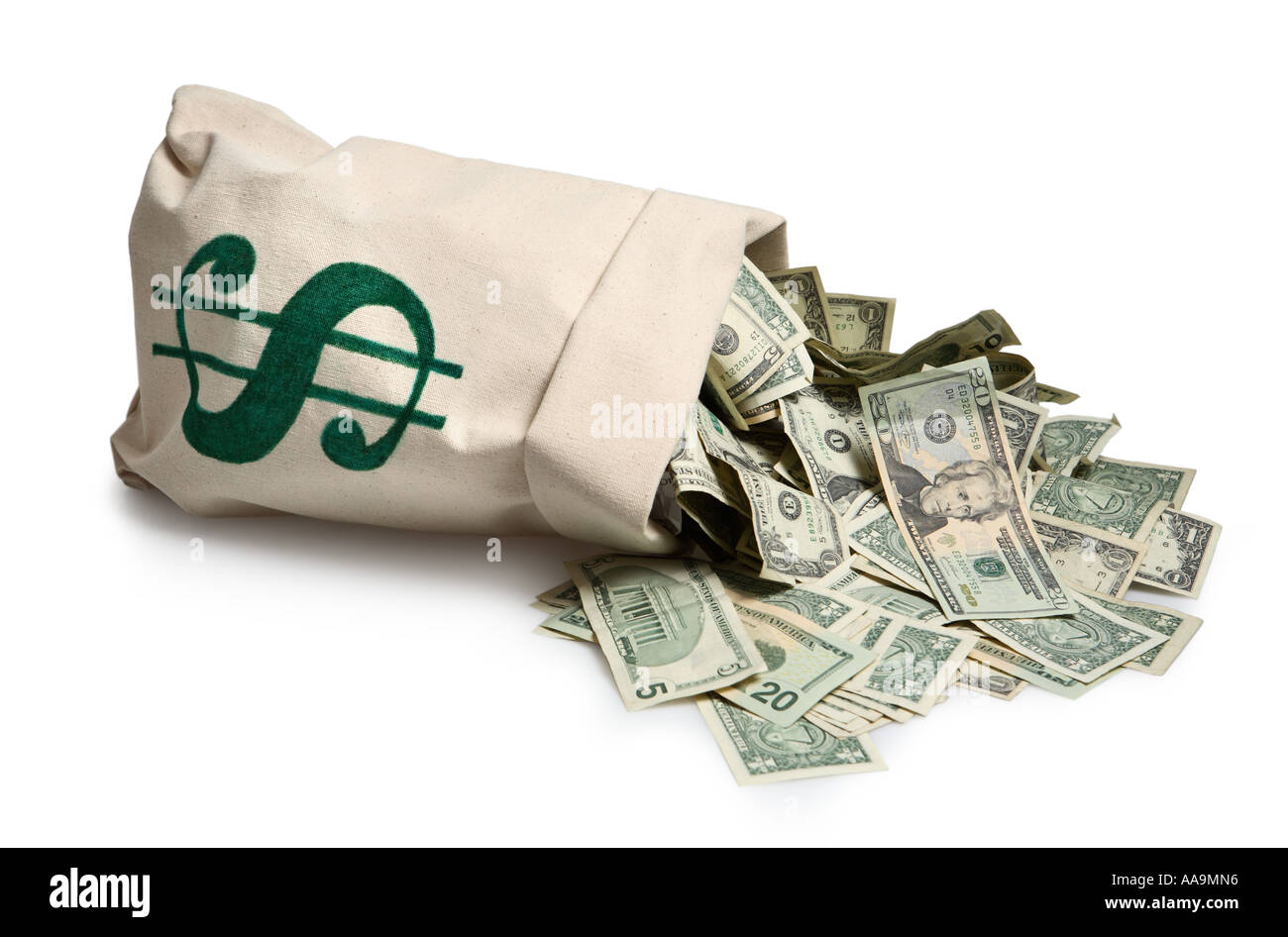 Geldsack mit US-Währung ausgießen. Stockfoto