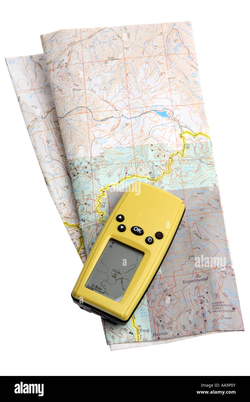 GPS und Karte Ausschneiden auf weißem Hintergrund Stockfoto