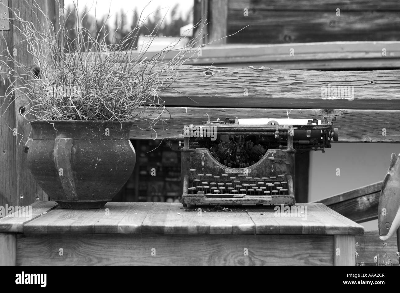 Alte Schreibmaschine auf einem Tisch im Freien mit einer Seite aus Papier. Schwarz und Weiß. Stockfoto