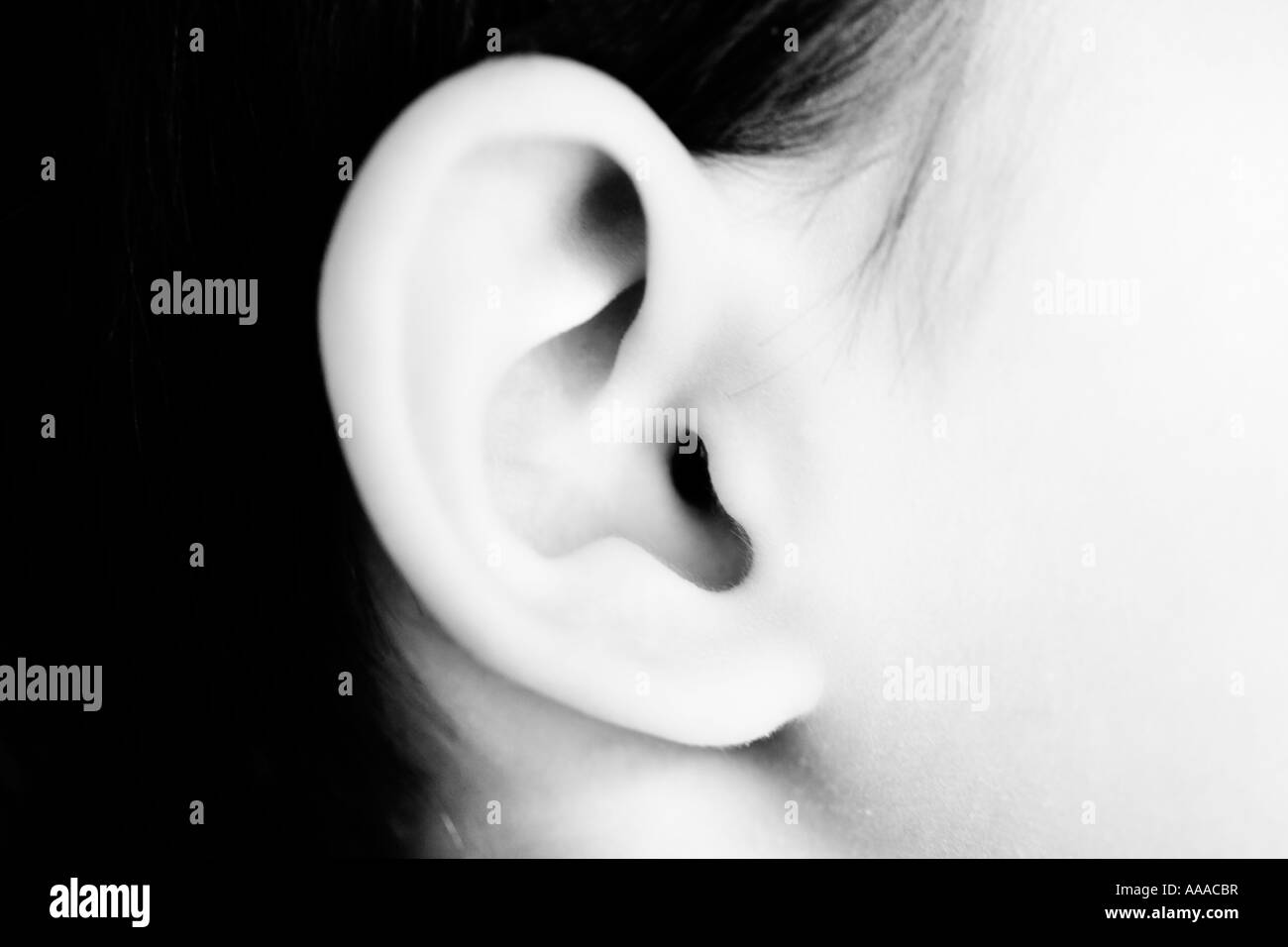 Ohr des Mädchens im Alter von vier Jahren schwarz / weiß Stockfoto
