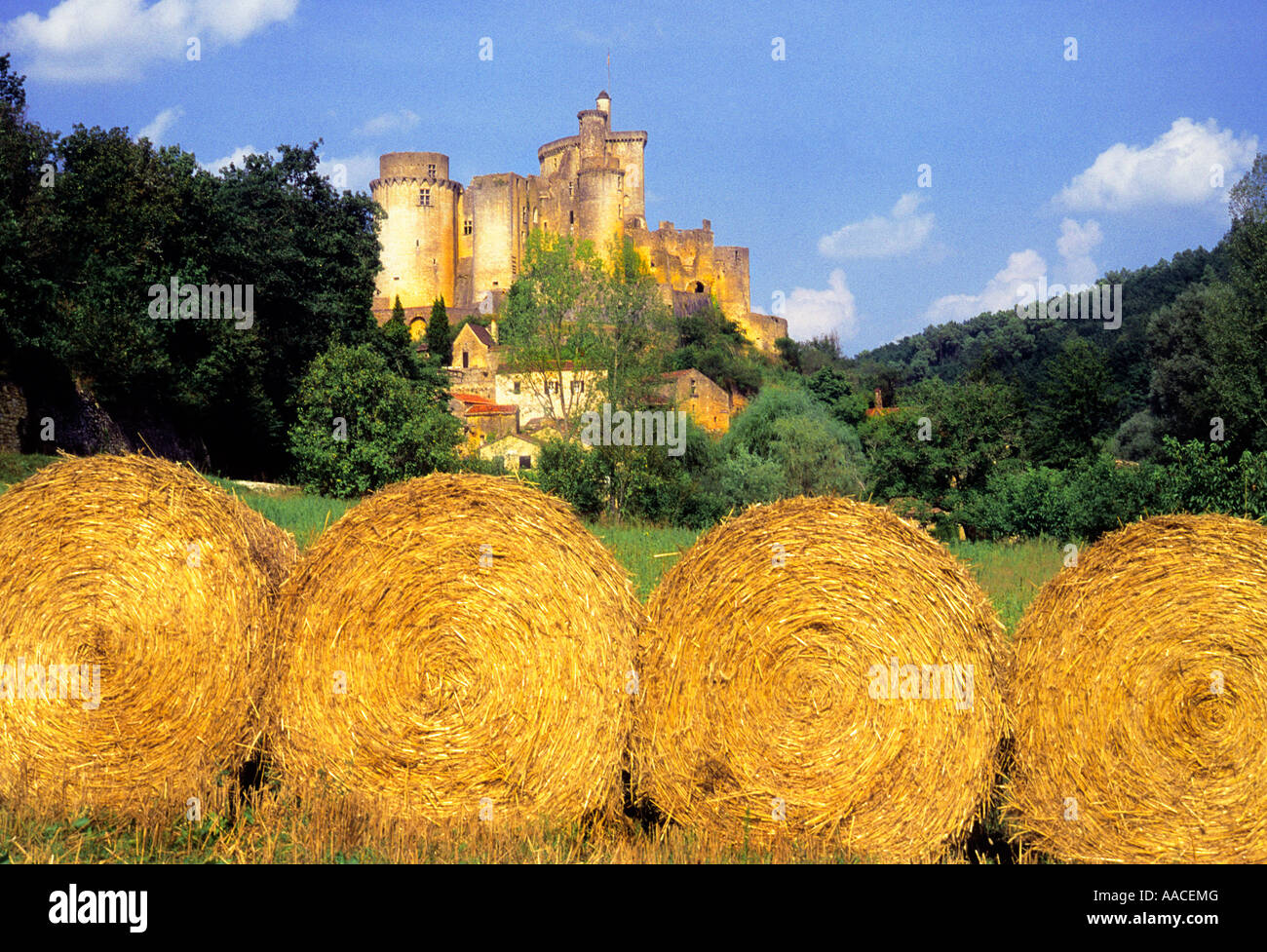 Heuballen oder Heurollen auf dem Feld. Frankreich, Dordogne-Tal, Perigord, Aquitanien. Historisches Chateau de Bonaguil, im Herbst. Lot et Garonne Stockfoto