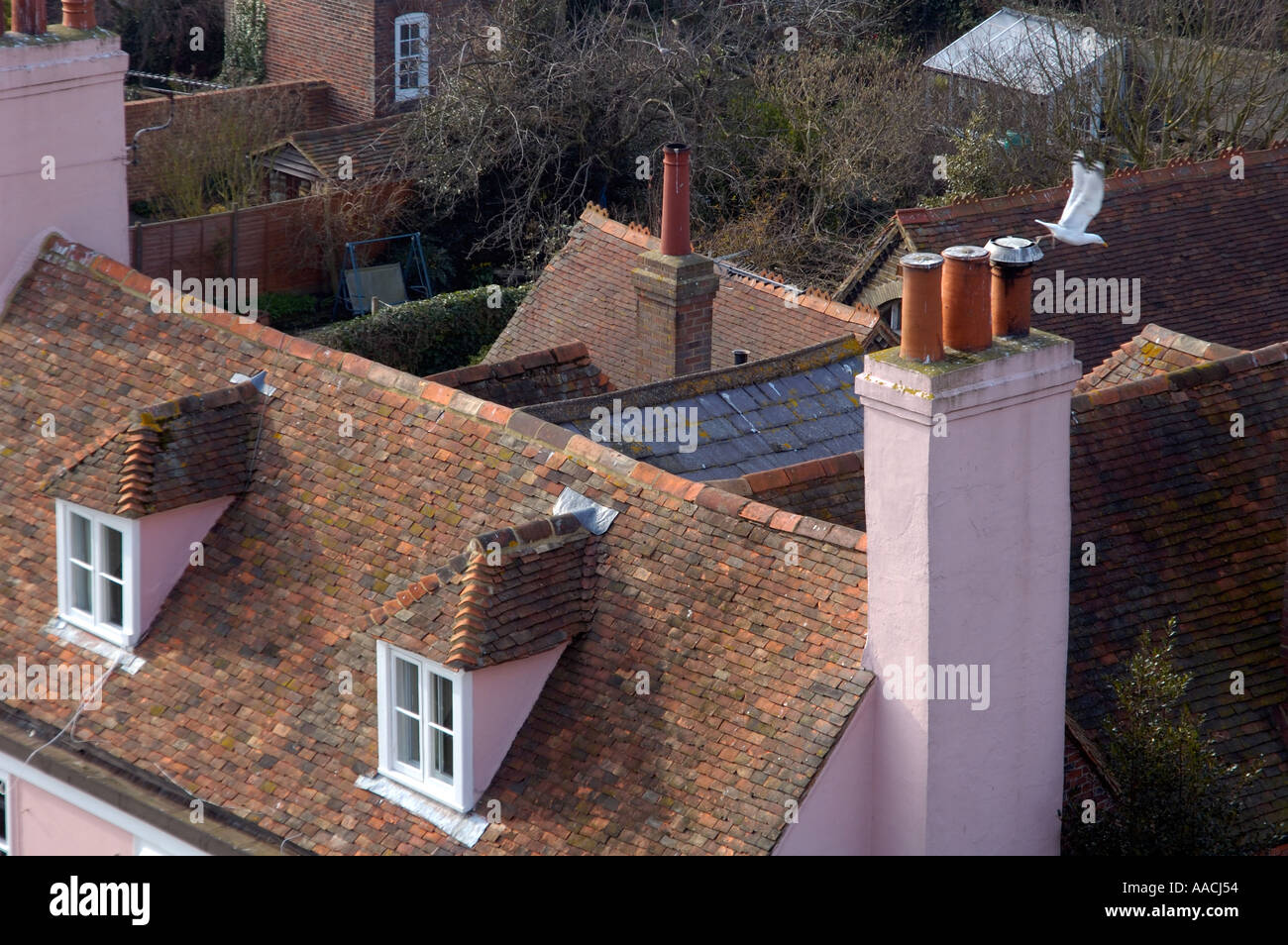 Roggen in East Sussex. Über den Dächern aufgenommen von der St. Mary's Church. Die antike Stadt Cinque Port mit Kopfsteinpflasterstraßen stammt aus dem 14. Jahrhundert. Stockfoto