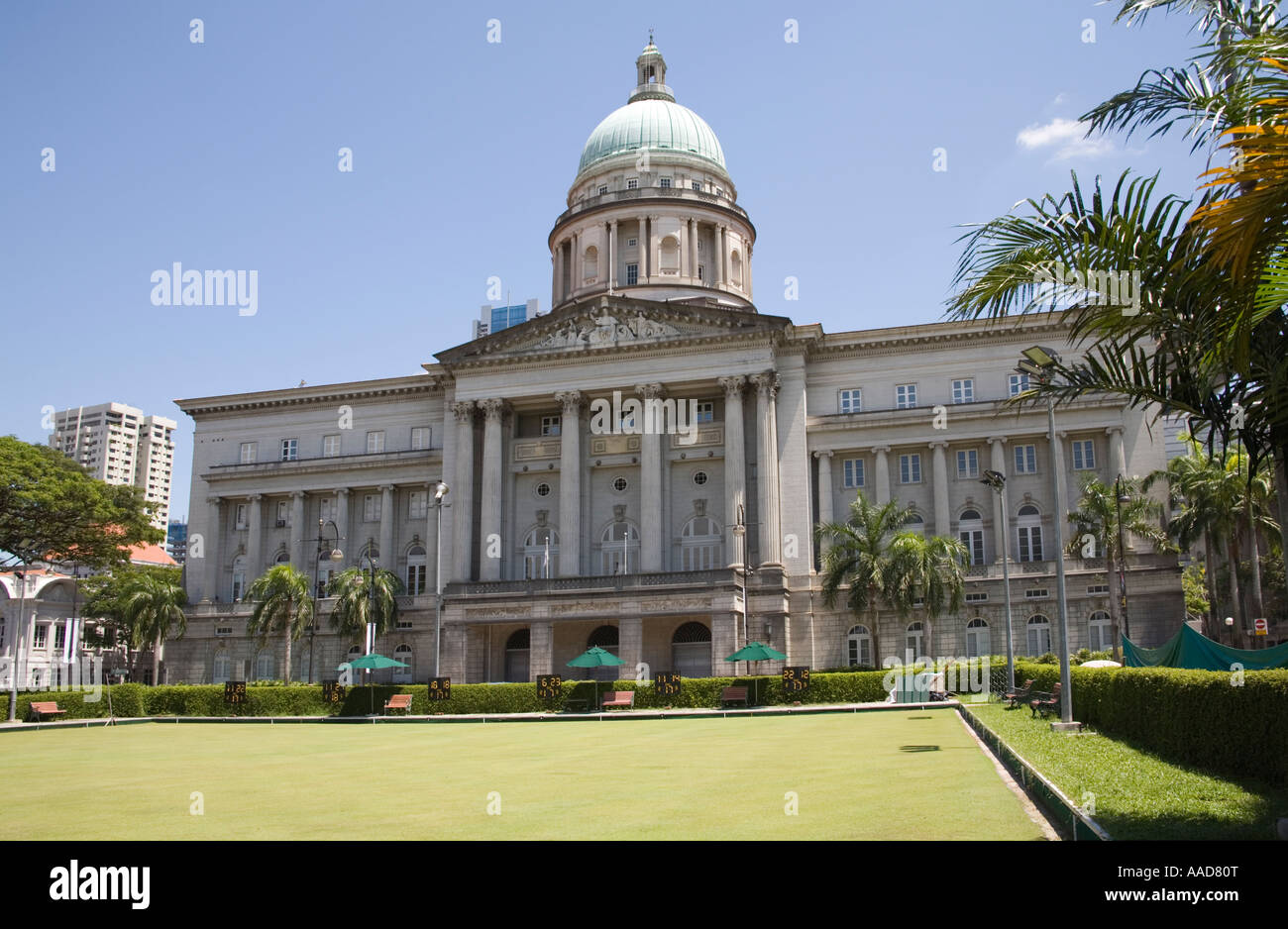 Singapur Stadt Asien kann Blick über das Bowling Green gegenüber dem Rathaus gelegen im Stadtteil Padang Stockfoto