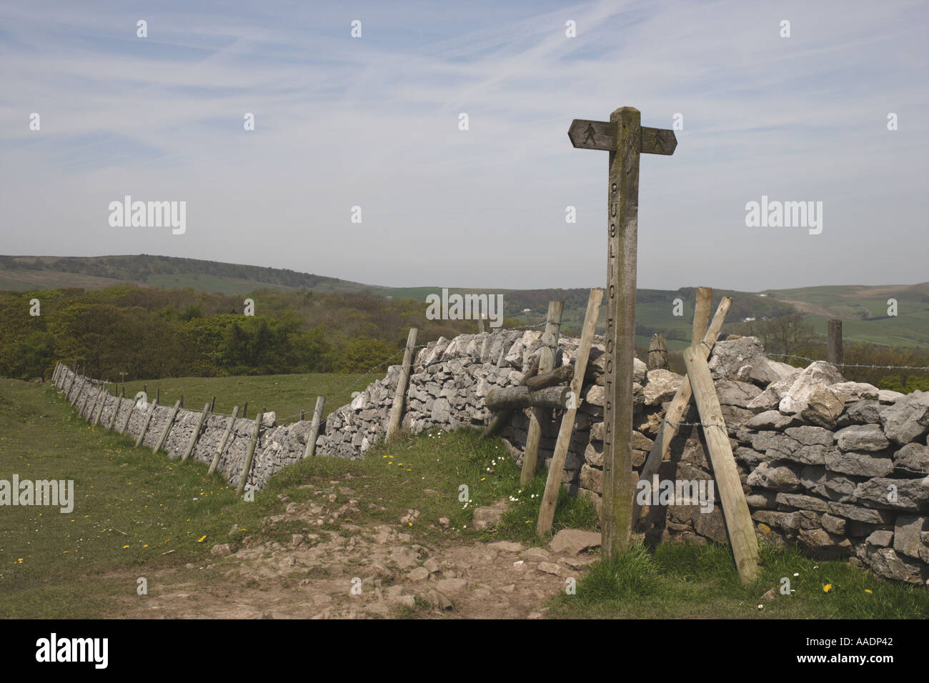 Öffentlichen Fußweg mit Schild im Peak District UK Stockfoto