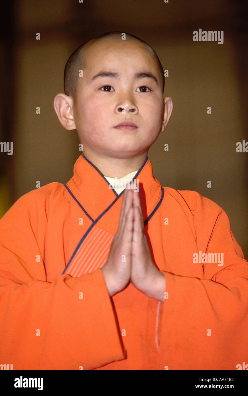 Young-Shaolin-Mönche halten die Hände im Gebet Stockfoto