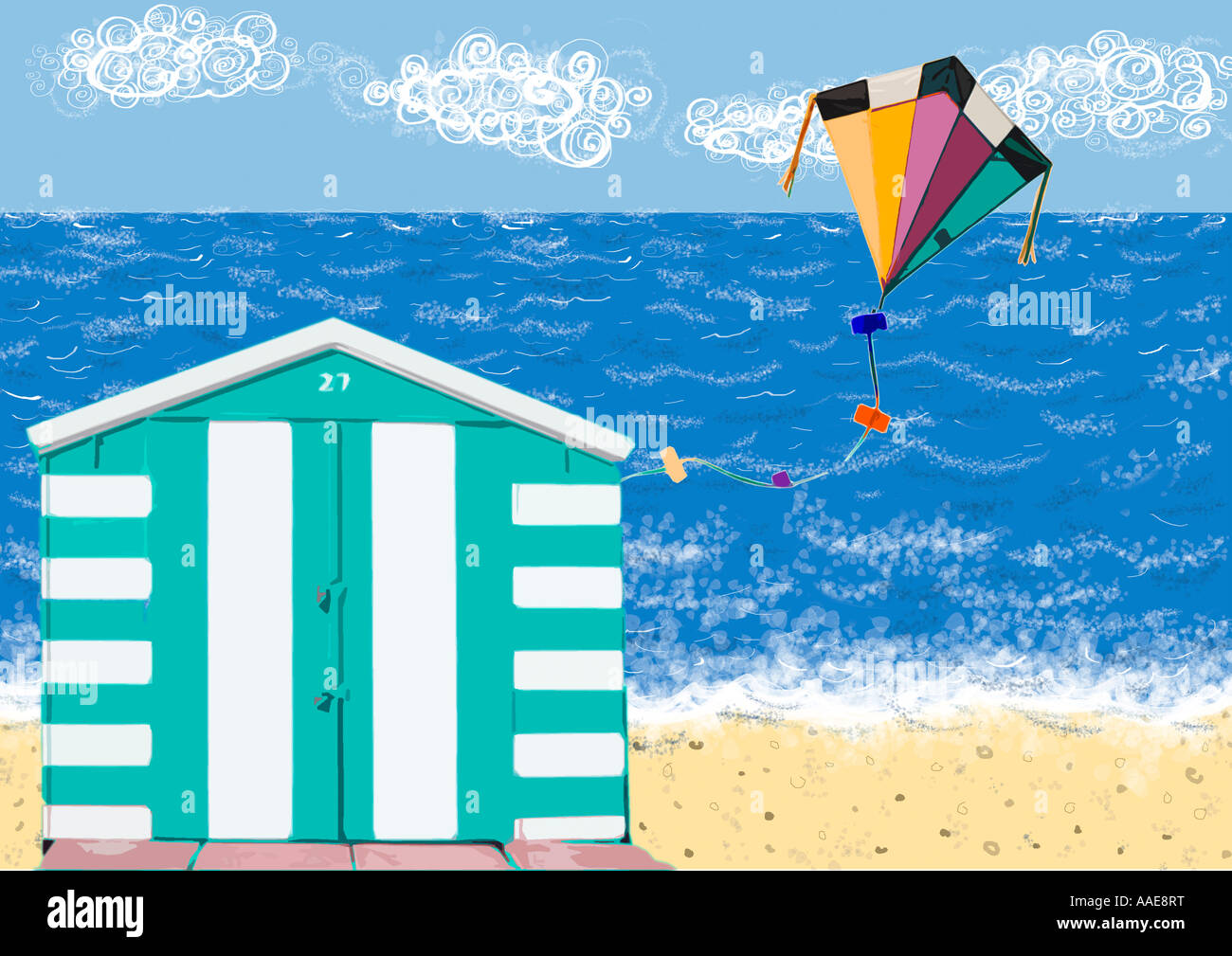 Sommer am Meer Illustration mit gestreiften Strand Strandhütte und Kinder Drachen Stockfoto