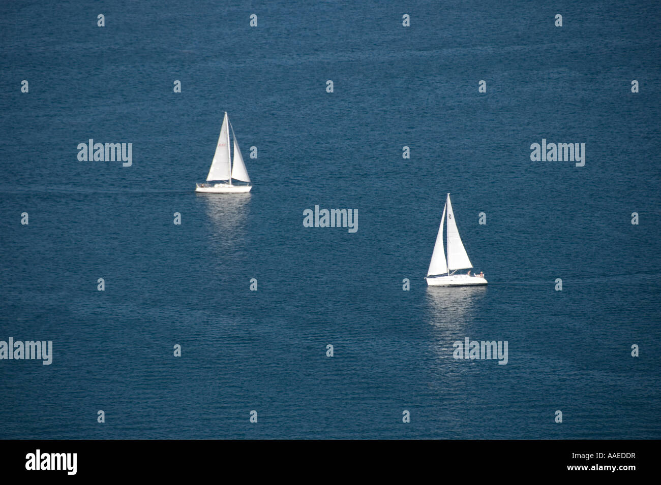 Ein paar weiße Segeln Boote Segeln in ruhiger Ozean. Stockfoto