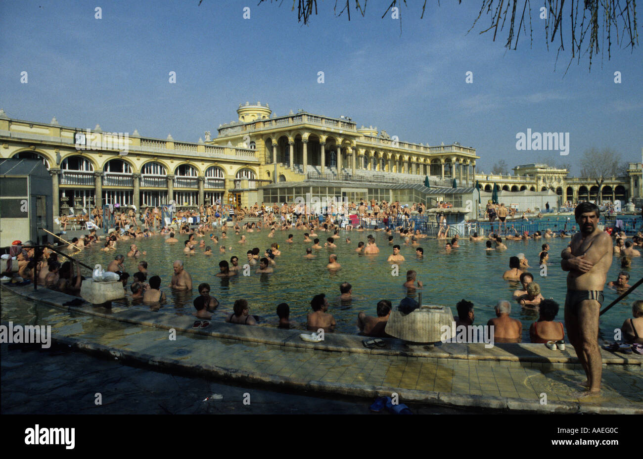 Szechenyi Thermalbad auf einen frühen Frühlingstag Budapest Ungarn Stockfoto