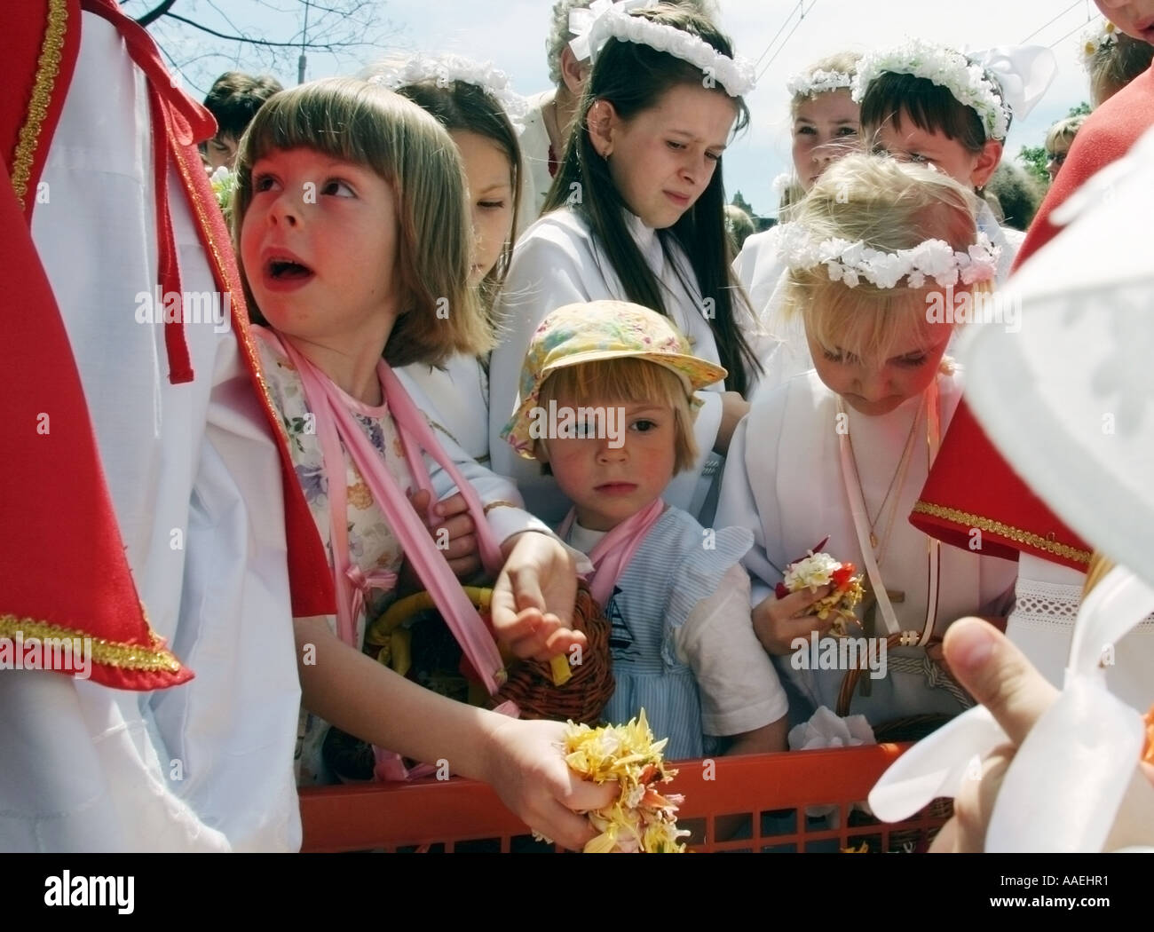 Polnische Mädchen nehmen Blumen während der Fronleichnams-Prozession in den Straßen von Wroclaw/Breslau Polen Stockfoto