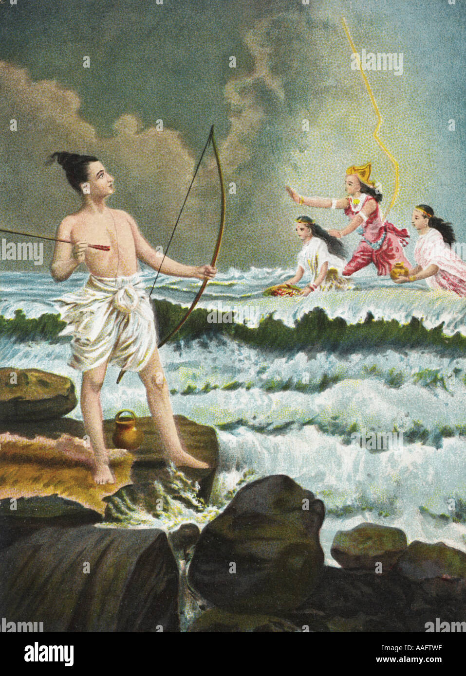 Rama während er den Ozean auf seinem Weg nach Lanka überquert, bringt den Stolz des Königs des Meeres, Raja Ravi Varma, zum Erliegen Stockfoto