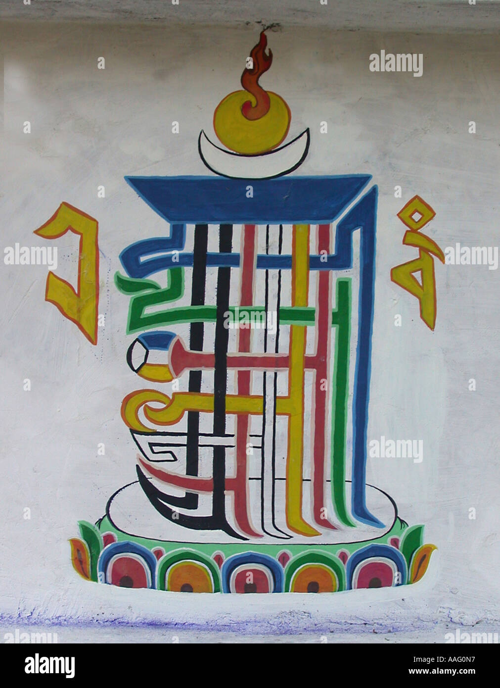 DDR78481 Fresko Inschrift auf einem buddhistischen Tempel in zeitgenössischen Sikkim-Indien Sikkim Stockfoto