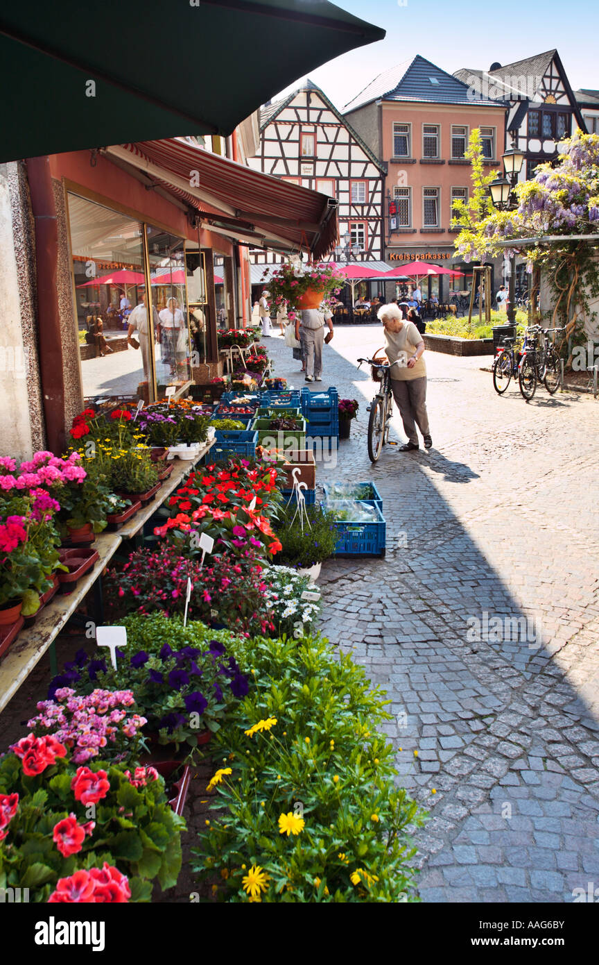 Blumenladen auf dem Marktplatz in Ahrweiler, Deutschland, Europa Stockfoto