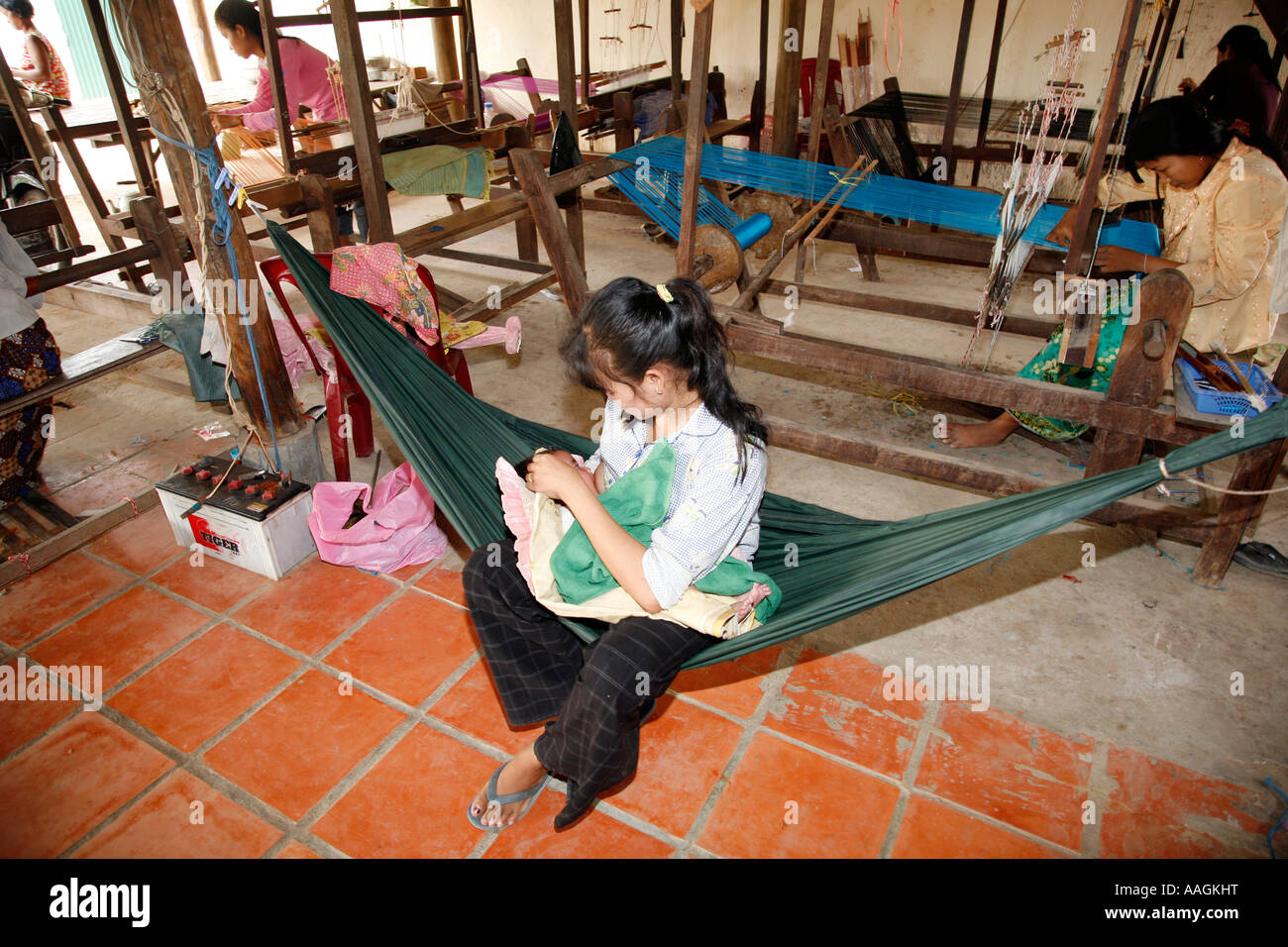 Seidenweberei Dorf Phnom Penh Kambodscha Stockfoto