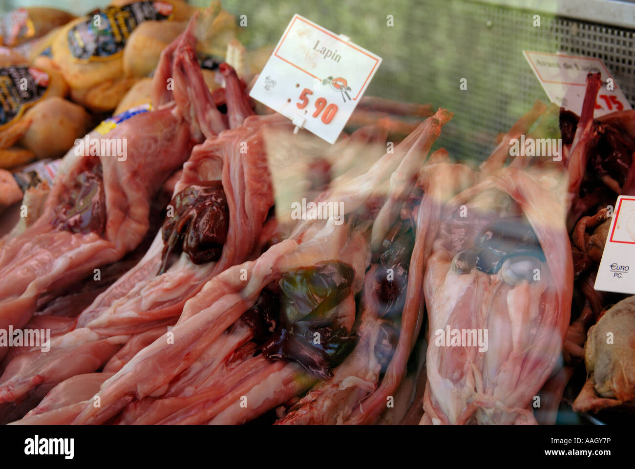 Geschälten Kaninchen auf dem Display in einer Theke in Paris Stockfoto