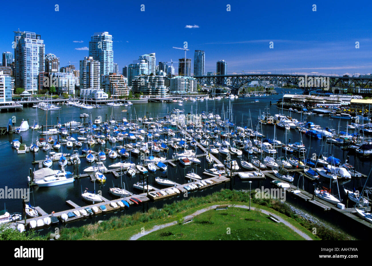 Blick auf False Creek mit Yachten und der Innenstadt von Vancouver im Hintergrund Vancouver British Columbia Kanada Stockfoto
