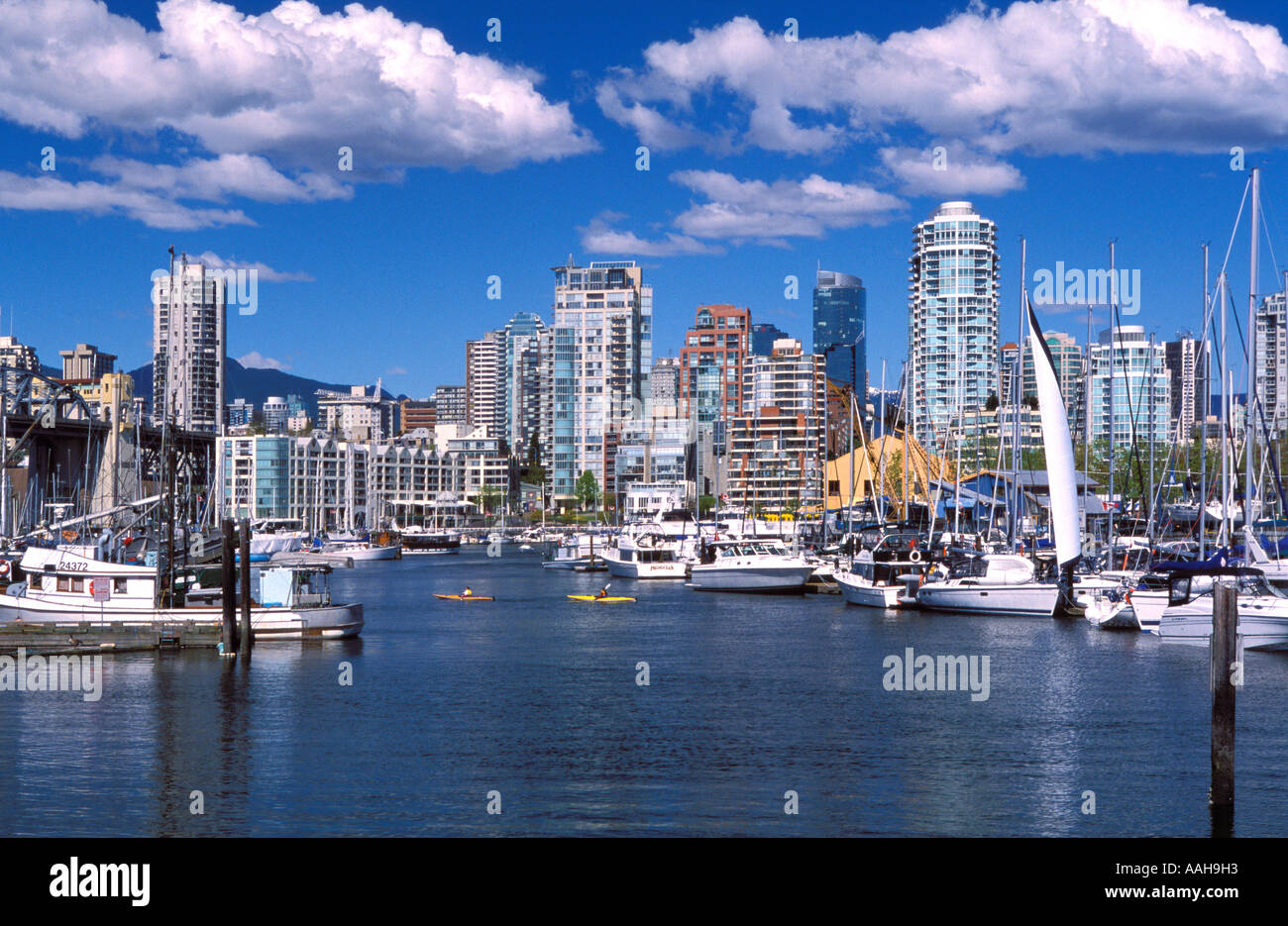Blick auf False Creek und Yachten Vancouver British Columbia Kanada Stockfoto