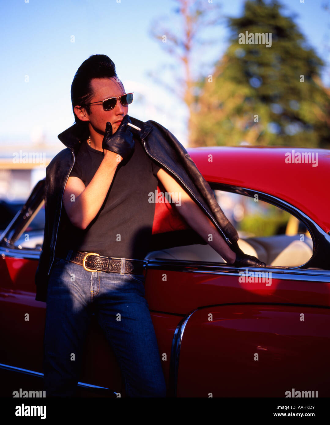 Tokio-Rockabilly mit seinem amerikanischen Oldtimer Entspannung in Yoyogi Park, Harajuku, Tokyo Stockfoto