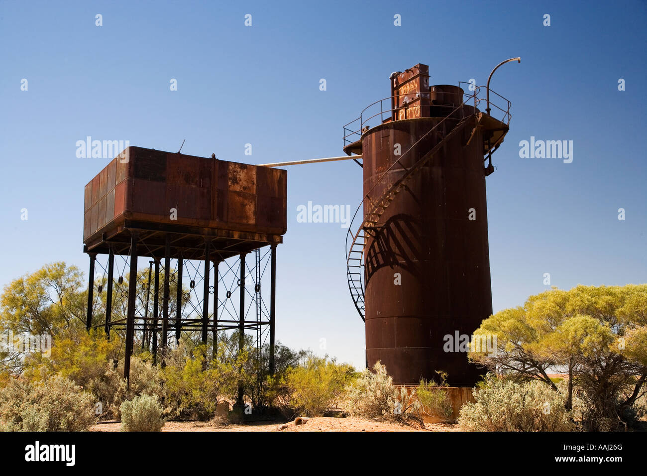 Wassertürme Beresford trug historische Eisenbahn Abstellgleis Old Ghan Railway Oodnadatta Track in der Nähe von William Creek Outback South Australia Stockfoto