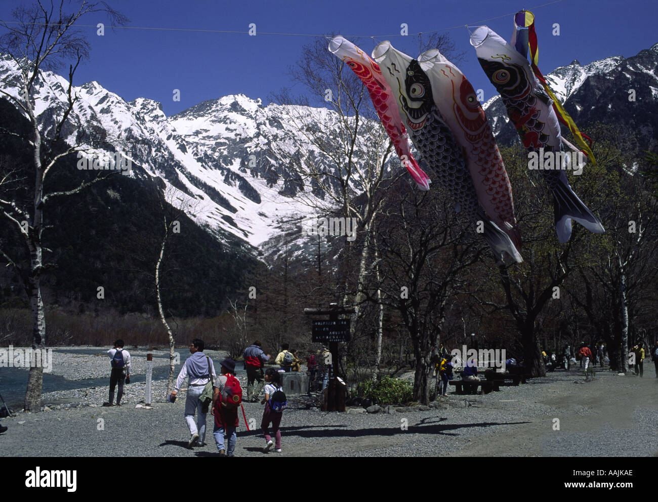 Fliegen in der Nähe von Azusa River und Mt Hotaka Kamikochi Nagano Japan Koi Stockfoto