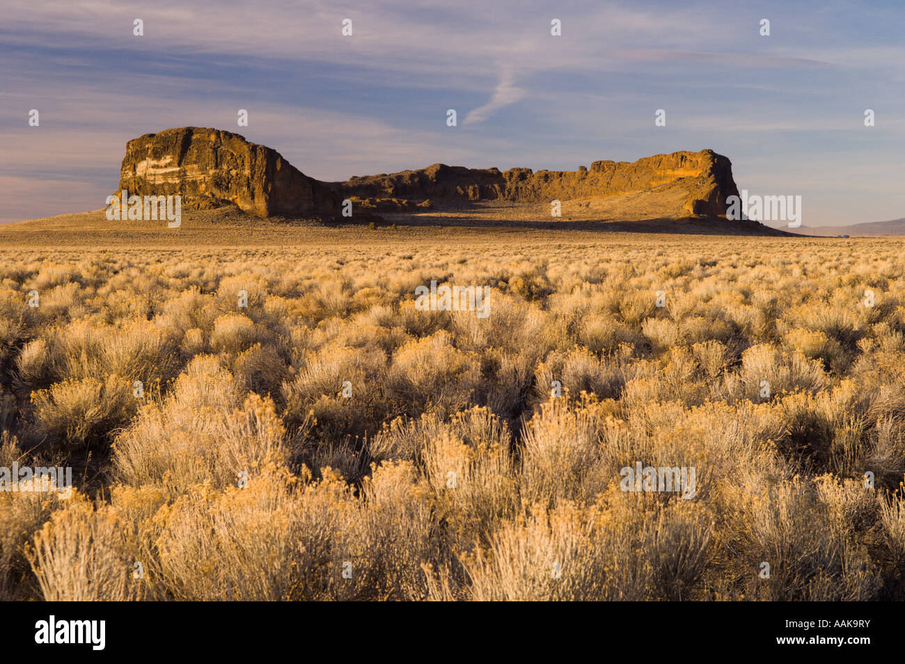 Fort Rock und Beifuß im südlichen Oregon. Stockfoto