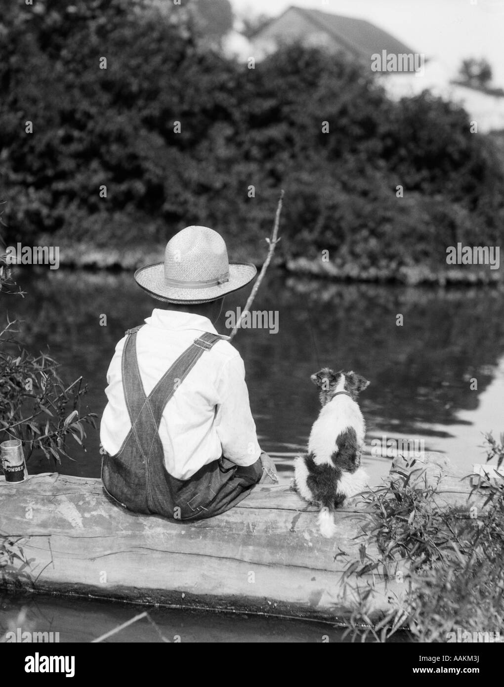 1920S 1930S FARM BOY TRAGEN STROHHUT UND OVERALLS SITZEND AUF BAUMSTAMM MIT ENTDECKT HUND ANGELN IM TEICH Stockfoto