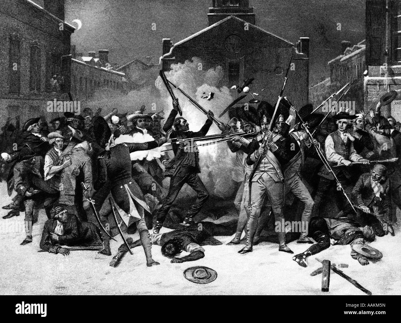 GRAVUR VON BOSTON MASSACRE 5. MÄRZ 1770 AMERIKANISCHE REVOLUTION Stockfoto