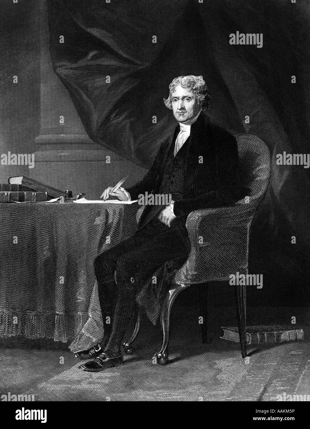 GRAVIERTE PORTRAIT VON THOMAS JEFFERSON SITZEN AM TISCH SCHREIBEN MIT FEDERKIEL Stockfoto