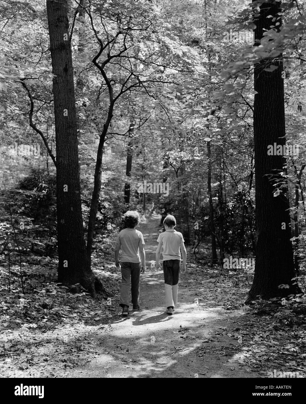 1970ER JAHREN RÜCKANSICHT DES PAARES VON JUNGEN ZU FUß AUF DEN WEG DURCH WALD Stockfoto