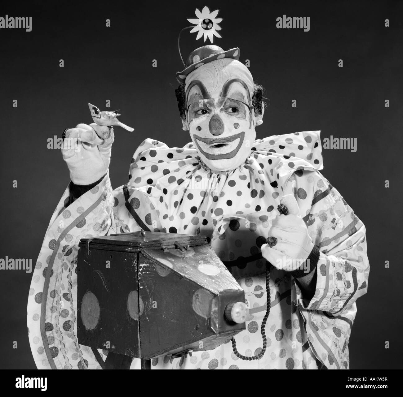 1960ER JAHREN CLOWN IN GEPUNKTETE OUTFIT UNTER BILD MIT ALTEN KAMERA MIT BIRDIE IN GEGENÜBERLIEGENDEN HAND Stockfoto