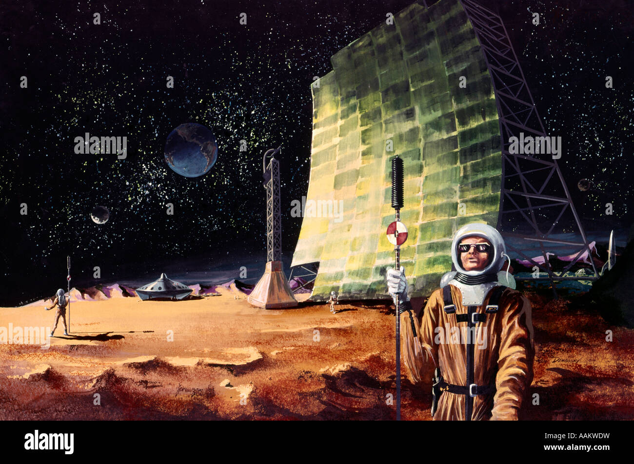 1960ER JAHRE ILLUSTRATION ASTRONAUTEN AUF ERDEN MOND SPACEMAN VERMESSER ENTDECKER SCI-FI SCIENCE FICTION FANTASY Stockfoto
