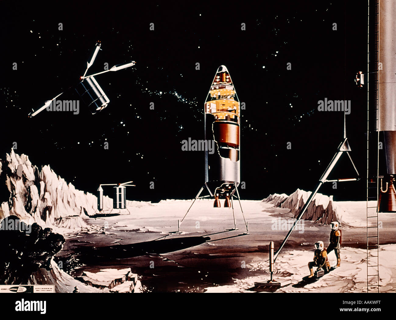 1960ER JAHRE FANTASY ILLUSTRATION MONDLANDUNG EXPLORATION MOND ASTRONAUTEN SAT-ROCKET SCIENCE FICTION SCIENCE-FICTION Stockfoto