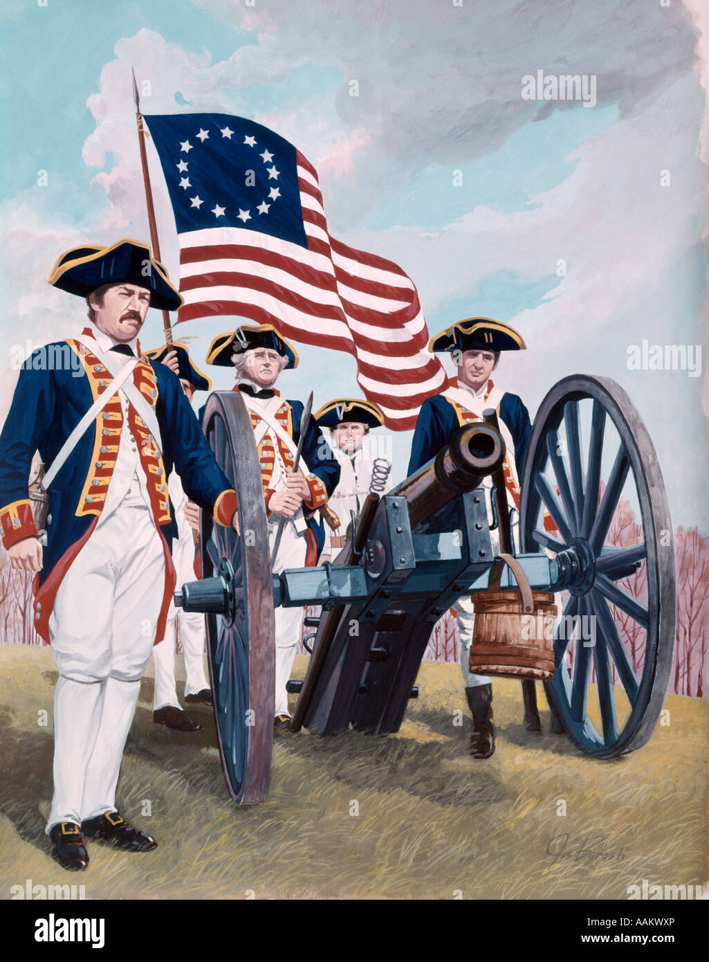 MALEREI ILLUSTRATION ARTILLERIE KANONE CREW VON SOLDATEN MÄNNER AMERIKANISCHE REVOLUTION 1776 DREISPITZ HUT EINHEITLICHE FLAGGE Stockfoto