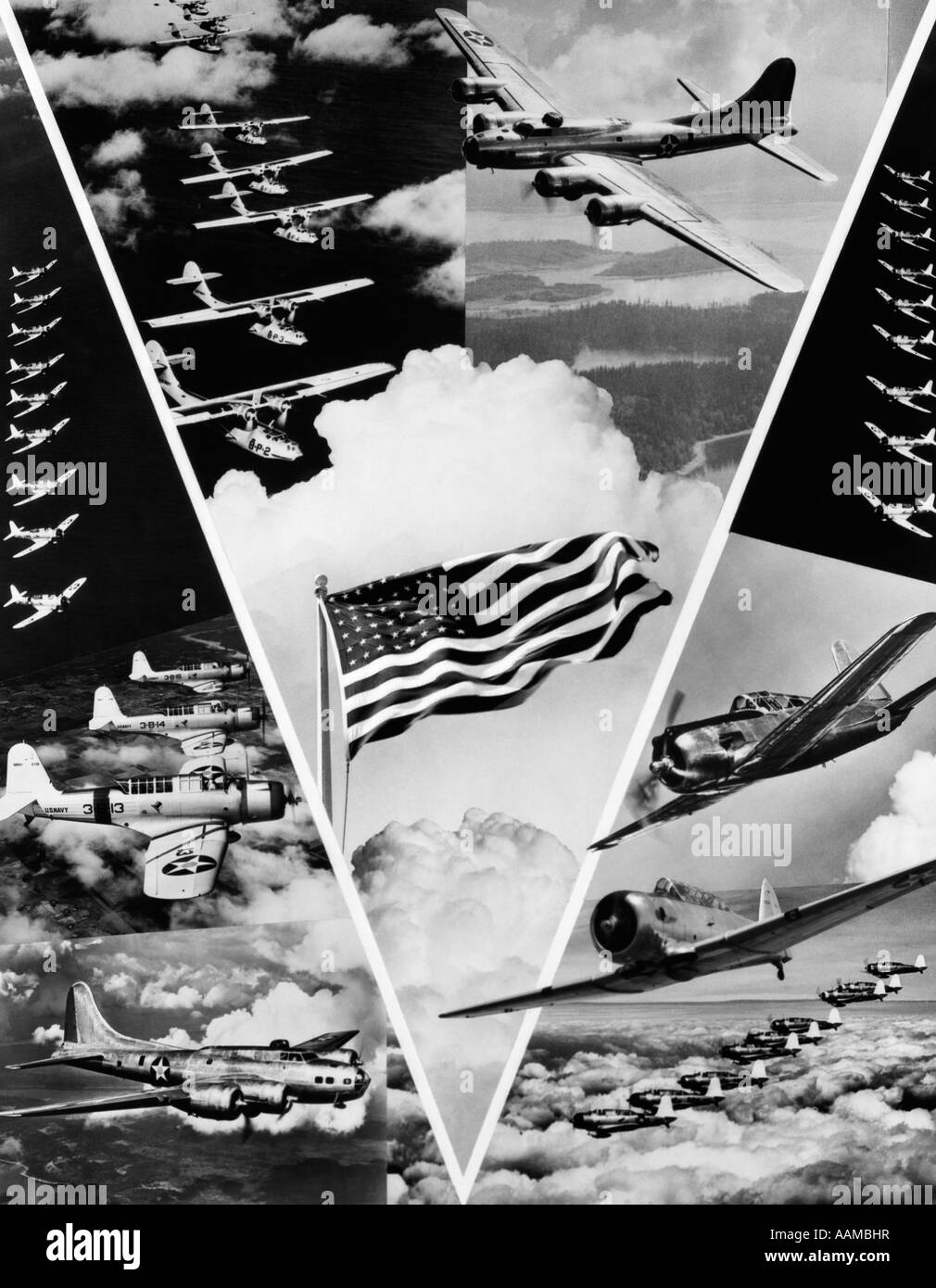 MONTAGE DER 1940ER JAHRE WELTKRIEG II-SIEG IN DER LUFT IN FORM VON VEE MIT AMERIKANISCHEN FLAGGE IM CENTER OF AVIATION MOTIV DES MILITÄRS Stockfoto