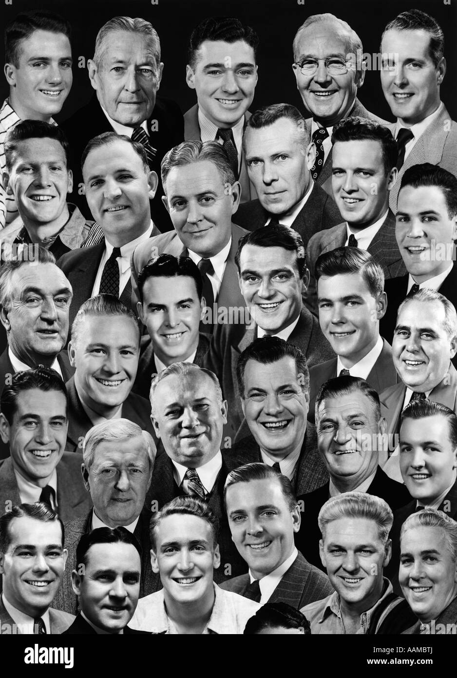 1950S 1960S MONTAGE VON 29 SIND ALLEN MÄNNERN DEN KOPF LÄCHELND. Stockfoto