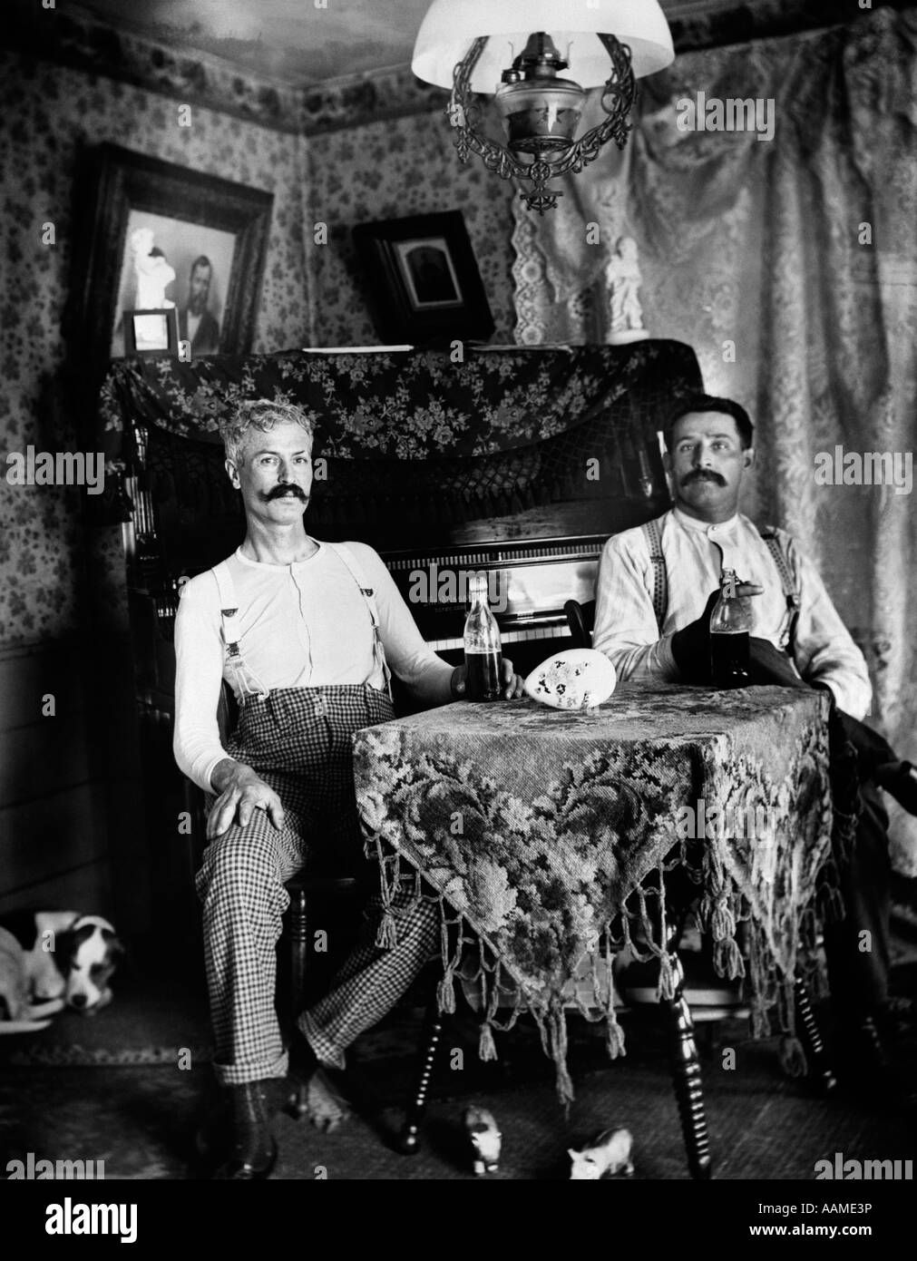 1890ER JAHREN ZWEI MÄNNER IN HEMDSÄRMELN SITZEN AM TISCH TRINKEN FLASCHEN BIER MIT KLAVIER UND HUND IM HINTERGRUND Stockfoto