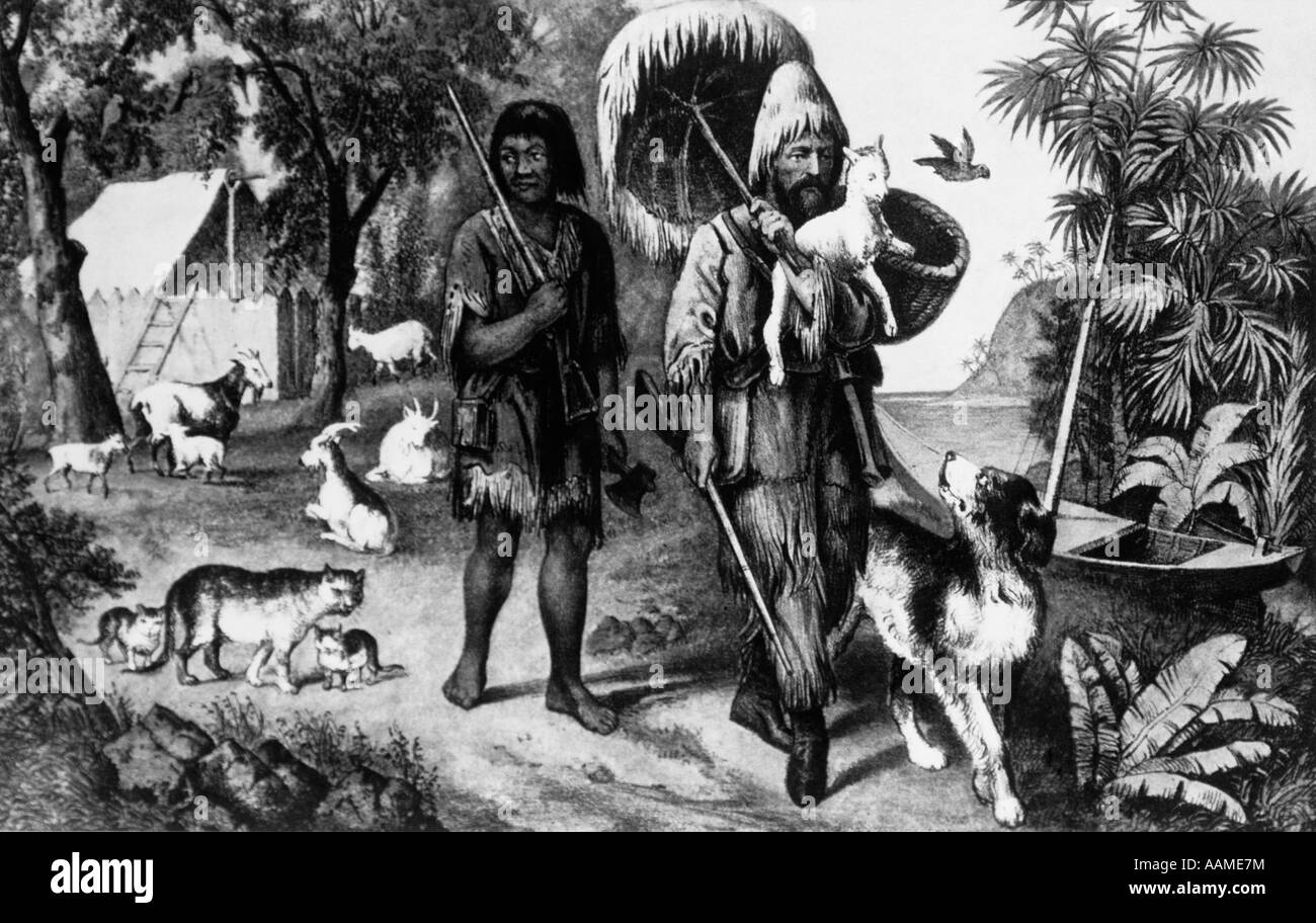 CURRIER & IVES ILLUSTRATION ROBINSON CRUSOE & MANN FREITAG AUS DEM BUCH VON DANIEL DEFOE 1874 Stockfoto